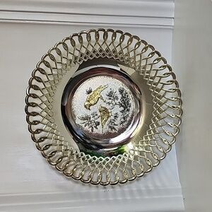 Vintage Brass Candy/ Fruit Bowl on Pedestal. Nickel Plated Decorative Bird